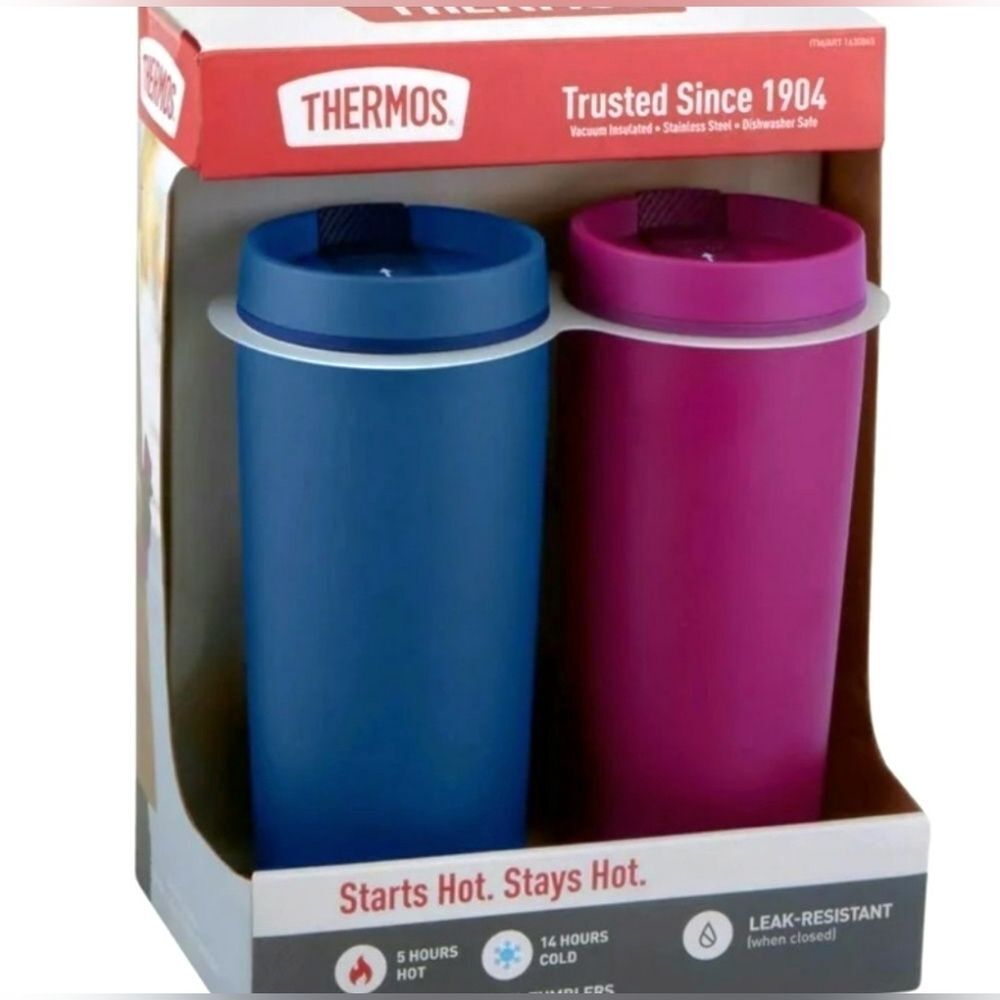 THERMOS Brand Stainless Steel 18oz Travel Tumbler w/ Slide-lock Lid, 2-pack NEW
